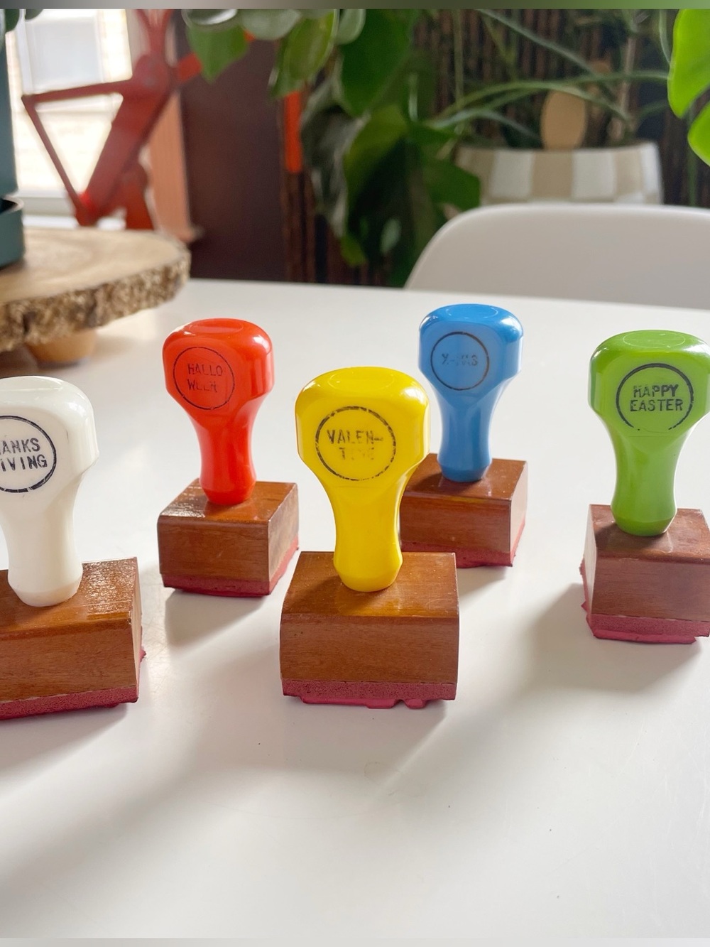 Vintage Set 5 Holiday Rubber Stamps Wooden Base Plastic Handles